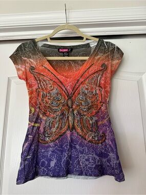 Say What? Ombre Butterfly V‑Neck Top - Orange & Purple